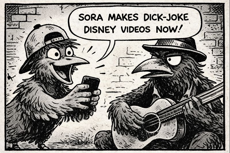 crow joe in the age of ai comic - kid crow, young crow with backwards hat and smartphone in hand, excitedly tells crow joe the blues playing crow that 'sora makes dick-joke disney videos now!' sora was an early 2026 generative ai video platform where the most creative use people could come up with seemed to be making vulgar Disney movie parodies.  the name of the comic is 'kid crow and the infinite possibilities of ai video' gen ai video wasnt being used to its full creative potential at the time. the comic is drawn in a Disney character art style